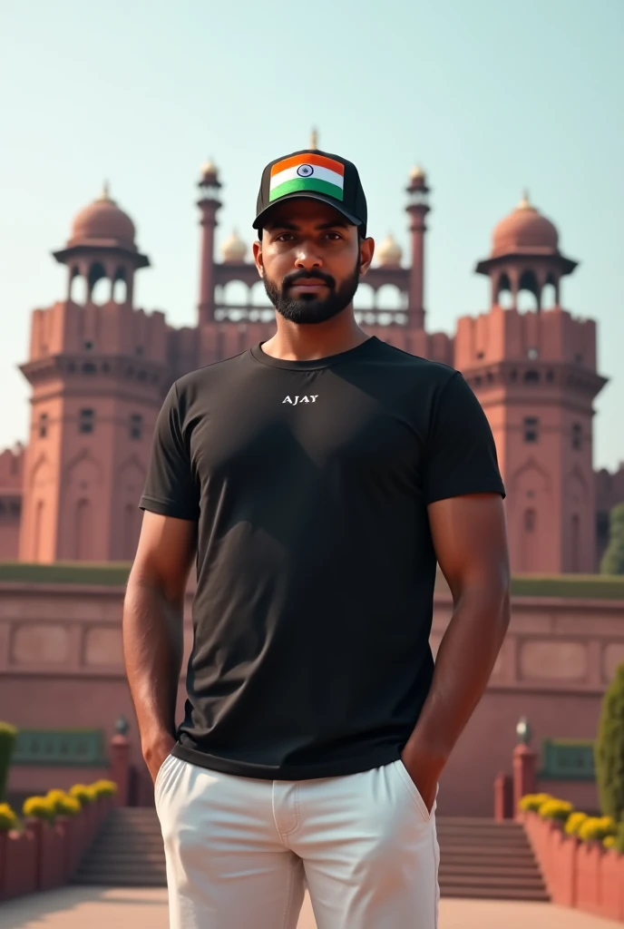 A man slute   Black cap of indian flag front of delhi red fort black tshirt white pant tshirt back side name Ajay