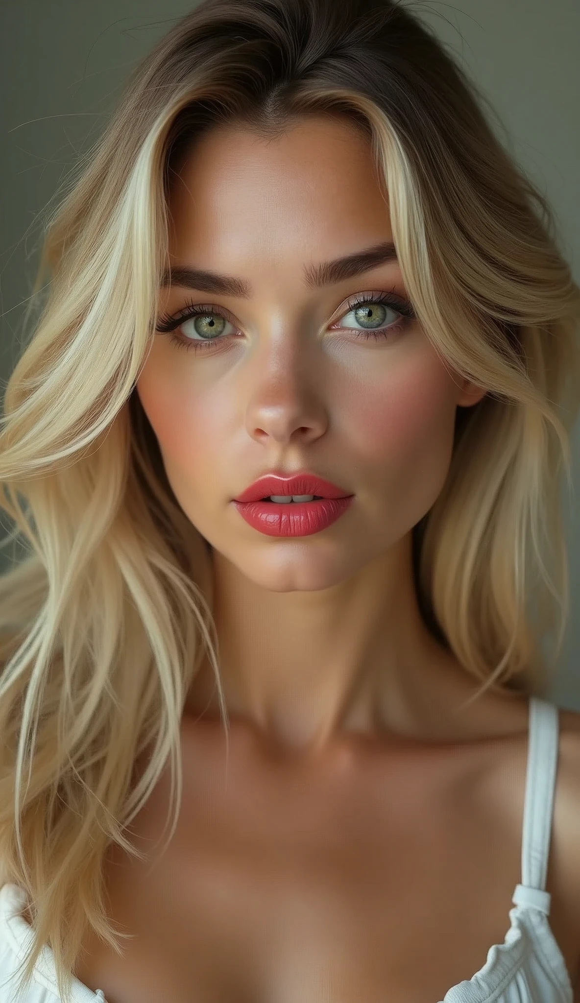 blonde hair big green eyes forehead is slightly arched, giving my face a distinctive shape. It flows seamlessly into my high, defined eyebrows. The bridge of my nose is straight and symmetrical, leading up to a pointed tip. My nostrils are small and delicate, adding character without being overwhelming. My cheekbones are prominent, highlighting my large, round eyes even further. My jawline is strong and defined, giving my face a masculine edge despite its feminine features. My neck is long and graceful, flowing effortlessly into my shoulders. Russian women big pumped lips red lipstick super big fake lips super size lips 45 Russian silicon face model, I have naturally developed some fine lines and wrinkles around my forehead. These imperfections only serve to make me appear more human and relatable. They give my face character and depth, contrasting beautifully against my otherwise flawless complexion. Despite these signs of wear, my overall appearance remains striking and irresistible. cleavage super glossy face Plus Size Elegant, I am completely nude, I have b cup breasts that are very firm and perky, my nipples are large and pink, my body is athletic with minimal body fat