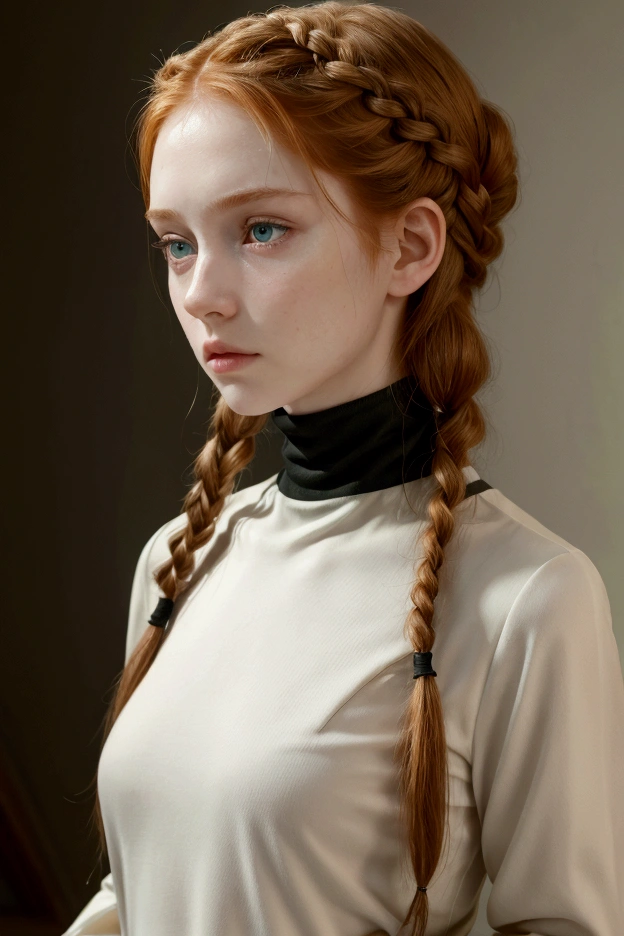 A girl, pale skin with freakles, long two French braids on both side, ginger hair, green eyes, black turtle neck, half body photo, normal fit body, hands on both ears, covering them, serious stern face.