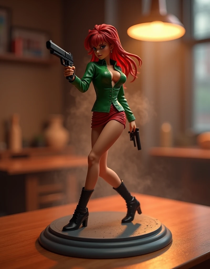 ((( masterpiece ))), (((Highest quality))), ((Very detailed)), (photograph), (photo:1.2) of an action figure of famous redhead anime "Fujiko Mine". She's in a sexy, alluring and attractive pose. She holds a gun, wears a tight green shirt with cleavage and a tight red mini skirt, black boots. She's aiming to a target out of the frame. The action figure is resting on a gray plastic pedestal on a wooden table. Cinematic lights. Masterpiece, best quality, 8K, photo realistic, wallpaper, wallpaper 8k, photographic contest winner, Hyperrealistic art cinematic film still photography in the style of detailed hyperrealism photoshoot. [Entire scene is surrounded by lights, evoking a magical and eerie atmosphere. The lighting is bright and atmospheric, with smoke adding a touch of sinister ambiance. Best quality image, HDR enhancement, showcasing the utmost level of detail and realism]. [8K, Best Quality, Ultra High Resolution, (highly detailed CG unity 8k wallpaper), (best photo), (best shadows), isometric 3D, octane rendering, ray tracing, highly detailed, (Best quality, 4K, 8k:1.2), absurdity, ultra detailed, (realistic, photorealistic, photorealistic:1.37), complex parts, HDR, (complex parts:1.12), (hyper detailed, hyper realistic, Soft lighting, spicy:1.2), (complex parts, Hyper detailed:1.15). Blurred foreground. (backlit), masterpiece, high quality, brightness, chromatic aberration, foggy smoke, shadows, contrast, clear sky, (warm hue, warm tone), high details, natural reflections].