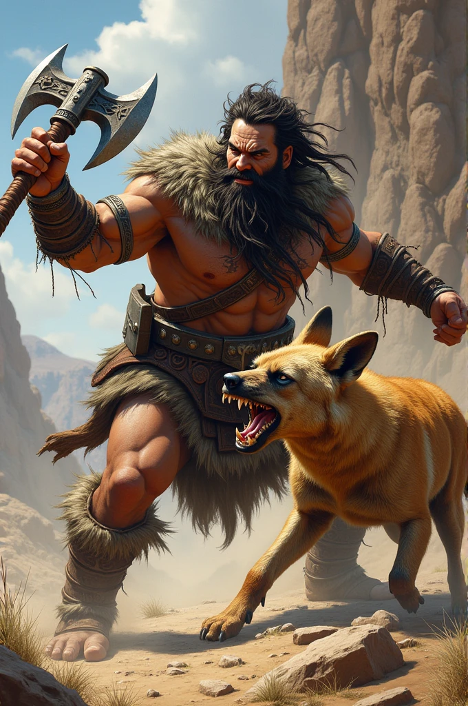 A barbarian with axe fighting a hyaena