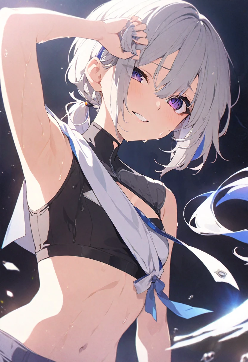 (musterpiece), (best quality), (score_9, score_8_up, score_7_up), official art, absurdres, highres, ultra-detailed, waifu2x, Collection: Slice of Life, very detailed eyes, expressive eyes, perfect face, very detailed face, highly detailed face, beautiful girl, 8K, (white background), dark intense shadow, Ultra-high resolution, Movie Lighting, (Fuji Color: 1.2) portrait, (clear line illustration:1.2), very high resolution, very aesthetic, super detailed skin, Best sexual lighting powered by famous artist, 8k, cute picture, beauty illustration, photoshop_(medium), (Detailed Lighting), best anime 8k wallpaper,
1girl, vtuber style, cool girl, hololive, vtuber, amane kanata, multicolored hair, grey hair, hair between eyes, purple eyes, sharp eyes, short hair, low short ponytail, crop top, short shorts, no bra, small chest, cleavage, cropped shoulders, Navel-baring abs, sweating, sweat, wet body, wet hair, hot, one arm on forehead, wiping sweat, armpit, one eye close,