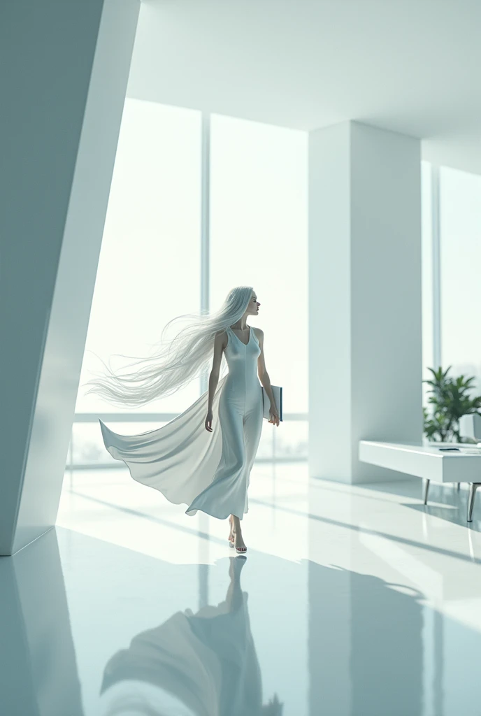 Beautiful white Luna running with documents in the office