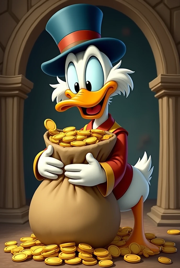 Scrooge McDuck in a cartoon holding a bag of money and smiling 
