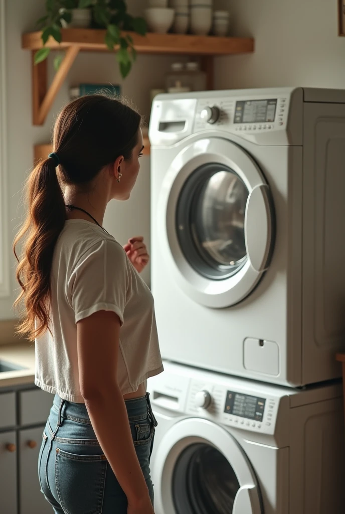 woman looking at the space where she can place her washing tower whose measurements will be 189 cm high, 70 cm wide and 77 cm deep
