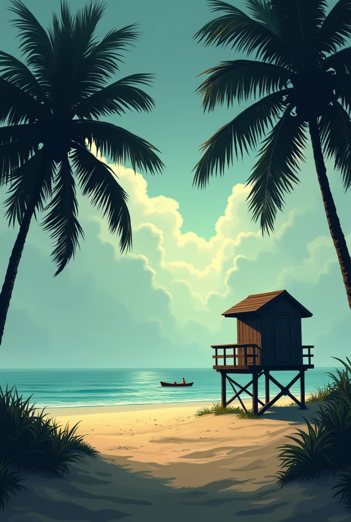 Dawn shore, beach house ,lifeguard tower , Coconut tree,kayak,spooky vibe