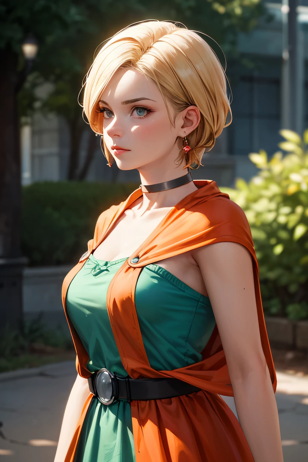 a detailed portrait of a masterpiece, the highest quality, dq bianca, single blade, earrings, choker, orange cape, green dress, belt, looking at the viewer, large bust, upper body, side view, furrowed brows, clenched fist, photorealistic, cinematic lighting, vivid colors, award winning digital art