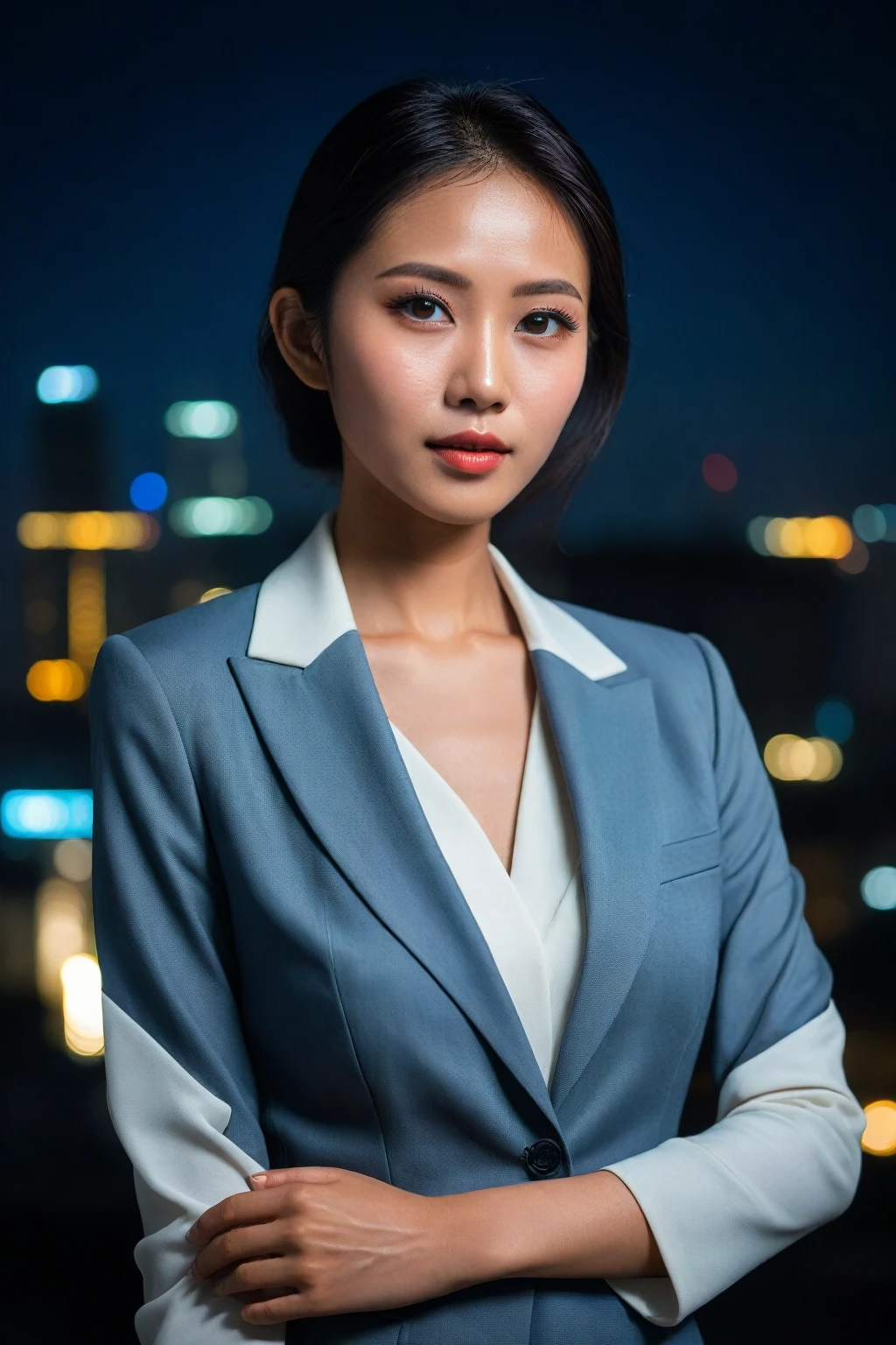 (perfect eyes), (detailed skin), (half-body portrait), Hyper-realistic Indonesian woman, mid-20s, striking beauty, delicate Asian features, city skyline at night, rooftop terrace, elegant tailored business suit, luxurious watch on wrist, glowing city lights, vibrant colors, soft shadows cast by moonlight, confident and graceful pose, detailxl