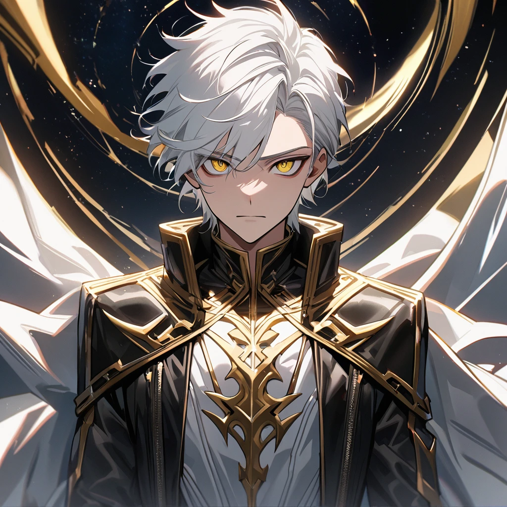 High quality, HD, 4k, no shadows, handsome male, handsome, 1male, 18 years old, 18yo, short white hair, white hair, white hair, white hair, sharp eyes, deep golden colored eyes, dark gold colored eyes, deep gold eyes, gold eyes, devil may cry, close up, calm expression, stoic expression, black leather clothes, white leather clothing, lean body, well trained body, upper body, looking at viewer, cowboy shot, white solar, space background