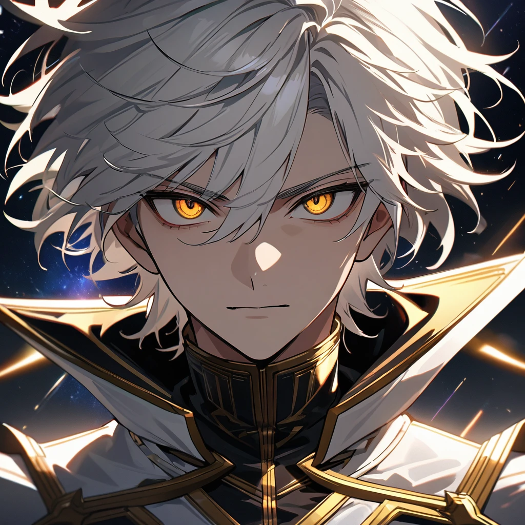 High quality, HD, 4k, no shadows, handsome male, handsome, 1male, 18 years old, 18yo, short white hair, white hair, white hair, white hair, sharp eyes, deep golden colored eyes, dark gold colored eyes, deep gold eyes, gold eyes, devil may cry, close up, calm expression, stoic expression, black leather clothes, white leather clothing, lean body, well trained body, upper body, looking at viewer, cowboy shot, white solar, space background