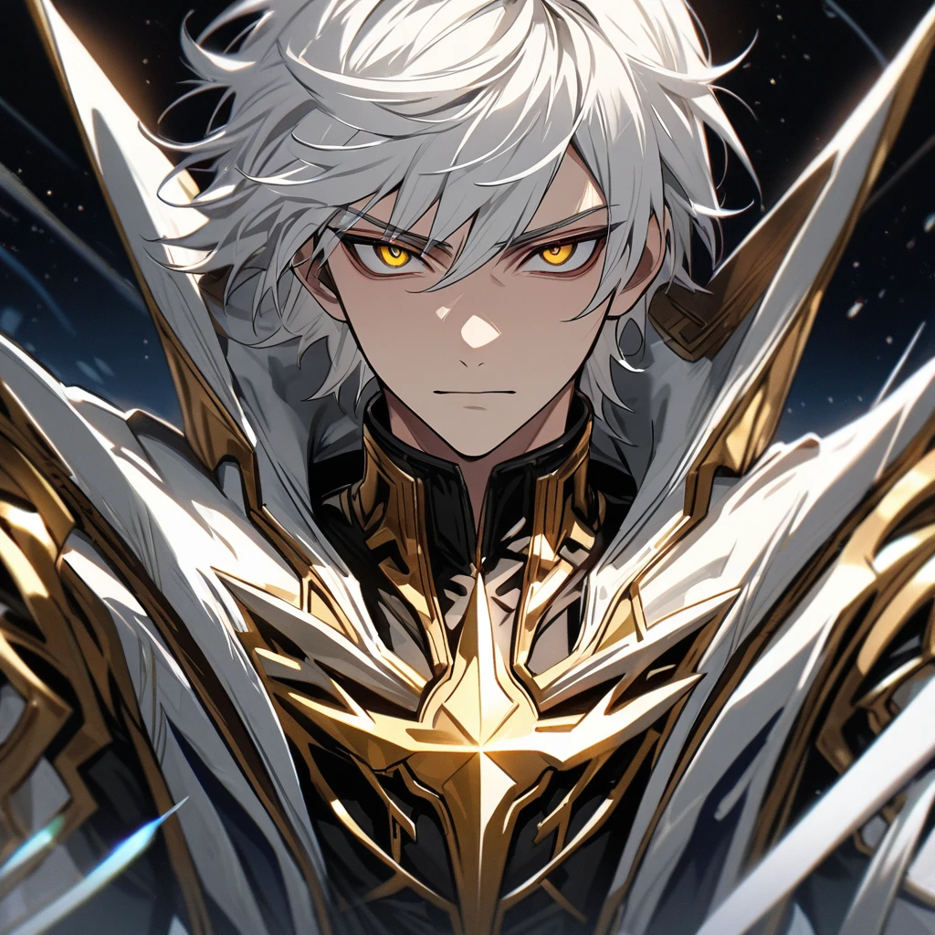 High quality, HD, 4k, no shadows, handsome male, handsome, 1male, 18 years old, 18yo, short white hair, white hair, white hair, white hair, sharp eyes, deep golden colored eyes, dark gold colored eyes, deep gold eyes, gold eyes, devil may cry, close up, calm expression, stoic expression, black leather clothes, white leather clothing, lean body, well trained body, upper body, looking at viewer, cowboy shot, white solar, space background