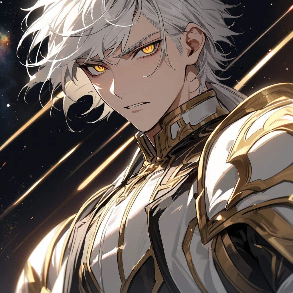High quality, HD, 4k, no shadows, handsome male, handsome, 1male, 18 years old, 18yo, short white hair, white hair, white hair, white hair, sharp eyes, deep golden colored eyes, dark gold colored eyes, deep gold eyes, gold eyes, devil may cry, close up, calm expression, stoic expression, black leather clothes, white leather clothing, lean body, well trained body, upper body, looking at viewer, cowboy shot, white solar, space background