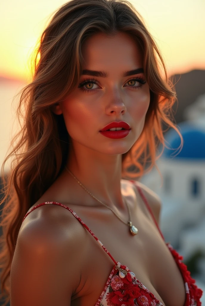 western, flower_dress, hot girl, santorini, greece, looking at sunset, makeup, (masterpiece), best quality, high resolution, extremely detailed, blurred background, depth of field, cinematic lighting. Russian women big pumped lips red lipstick super big fake lips