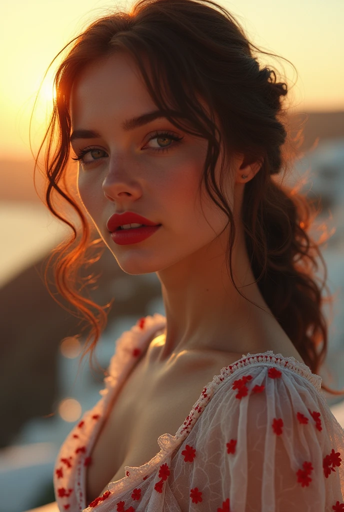 western, flower_dress, hot girl, santorini, greece, looking at sunset, makeup, (masterpiece), best quality, high resolution, extremely detailed, blurred background, depth of field, cinematic lighting. Russian women big pumped lips red lipstick super big fake lips 