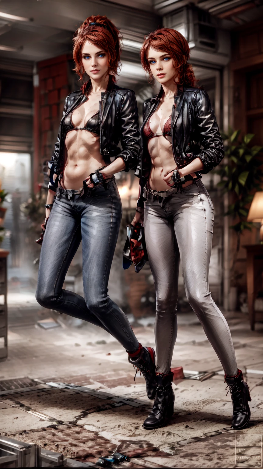 ((Courtney Hope)), red hair, asymmetrical hair, short ponytail, wavy hair, sidelocks, low ponytail, 1girl, solo, smirking, Fitted Black motorcycle/bomber jacket 1/4 cropped, (tight, red micro  top under jacket), Skin tight black jeans, (strong glutes), matte black leather motorcycle boots, Slim but lightly toned build, Small bust, wide shot, UHD, 16k, best quality, anatomically correct, accurate face, masterpiece, (full body portrait), set in a dishevelled office interior with white brutalist design and white walls