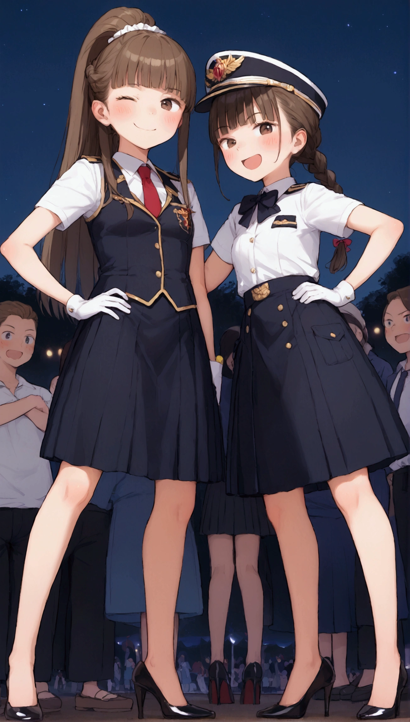 {Highest quality}, {Super beautiful},{Ultra fine},{Best illustration},Brown Hair,Hime cut,Braid,long hair,ponytail,One woman,Standing Woman,Strike a pose,Adult women,smug face,Excited face,Wink,Uniform cap,White shirt,Short sleeve,Black long skirt,White gloves,Black stiletto heels,Night Festival,Blushing,Slender,From an angle,Spread your legs,Put one hand on your hip