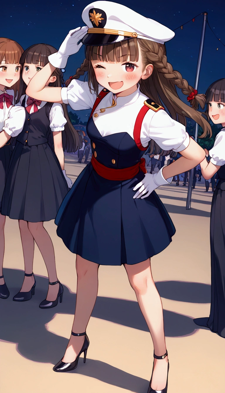 {Highest quality}, {Super beautiful},{Ultra fine},{Best illustration},Brown Hair,Hime cut,Braid,long hair,ponytail,One woman,Standing Woman,Strike a pose,Adult women,smug face,Excited face,Wink,Uniform cap,White shirt,Short sleeve,Black long skirt,White gloves,Black stiletto heels,Night Festival,Blushing,Slender,From an angle,Spread your legs,Put one hand on your hip