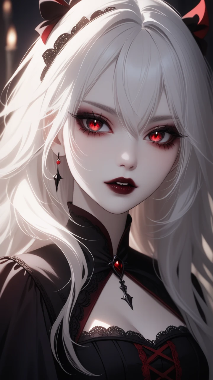 chibi vampire girl, white hair, red eyes, beautiful detailed eyes, beautiful detailed lips, extremely detailed face and features, long eyelashes, pale skin, fangs, dark gothic dress, dramatic lighting, moody atmosphere, cinematic composition, dramatic shadows, muted color palette, dark and mysterious,