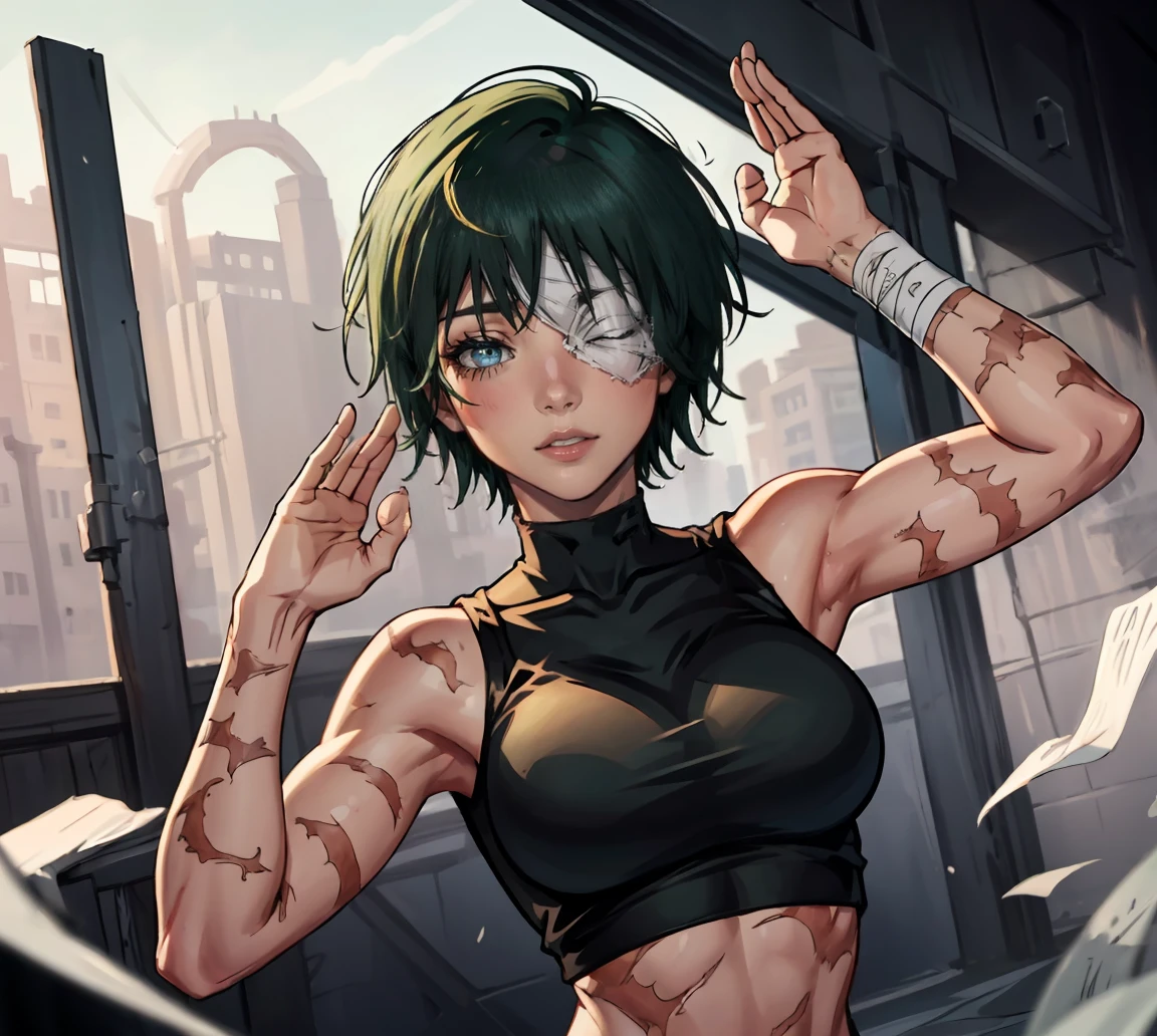 (masterpiece:1.2, best quality:1.2, beautiful, high quality, highres:1.1), 1girl, detailed, short hair, short fluffy hair, short green hair, extremely detailed 4K, perfect eyes, perfect face, visible bandaid, 1 eye, bandaid covering eye, other eye covered, eye covered with bandaid, circle arms, serious gaze, ready for battle, combat face, glasses, circle shaped glasses, yellow shiny eyes, yellow colored eyes, Bandaid on face, posing, hands, arms, scars on arms, scars on face, scars on cheek, bangs, really short hair, scars on body, Maki Zenin eyes, perfect eyes, scars on face, dangerous, eye patch, white bandage on eye, yellow colored eyes, exotica, scar on face, scar on cheeks, visible scars on cheeks, bandage on eye, scar on eye, Maki Zenin, scar on body, very short hair, circle glasses, dark scars on face, Maki Zenin LoRA, black shirt, scar on eye, scars, sleeveless, crop top, beautiful face, perfect lighting, (1girl, solo, adult female, mature female), thin, lithe body, Maki Zenin, green hair, glasses, (big breasts), ((sensual seductive)), ((hands up in the air showing armpits)), ((glasses on))