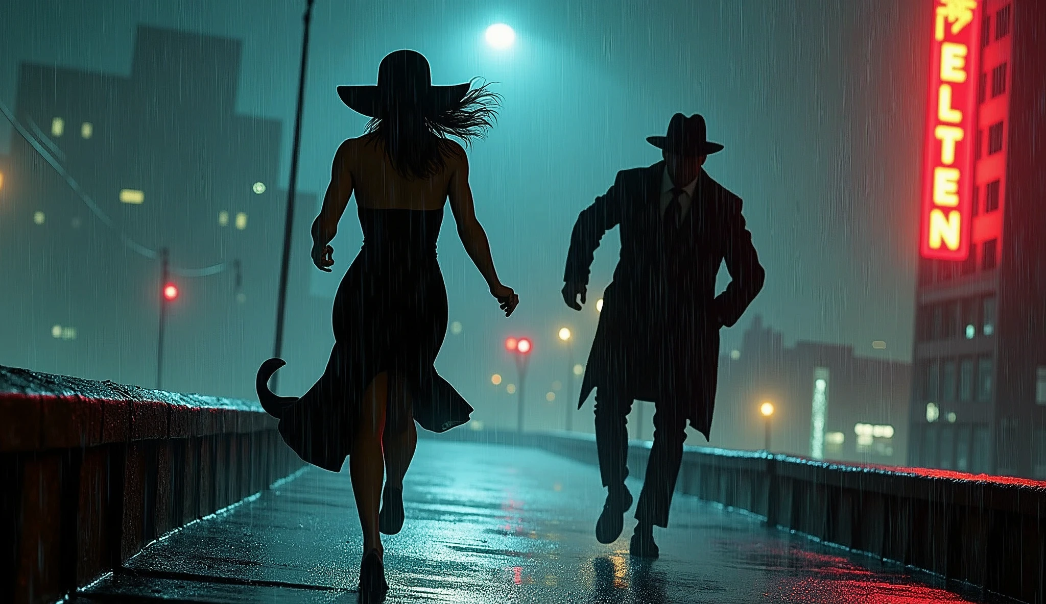 Film Noir Art Style: The femme fatale Evelyn is mid-sprint across the rooftop, her dress clinging to her form, wide-brimmed hat casting mysterious shadows over her face. Detective John is in full pursuit, trench coat billowing as he chases her, fedora tilted, obscuring his sharp blue eyes. The rain intensifies, droplets bouncing off surfaces, while the city's neon glow paints the scene with vibrant yet moody hues. The distance between them narrows, tension palpable in the air.