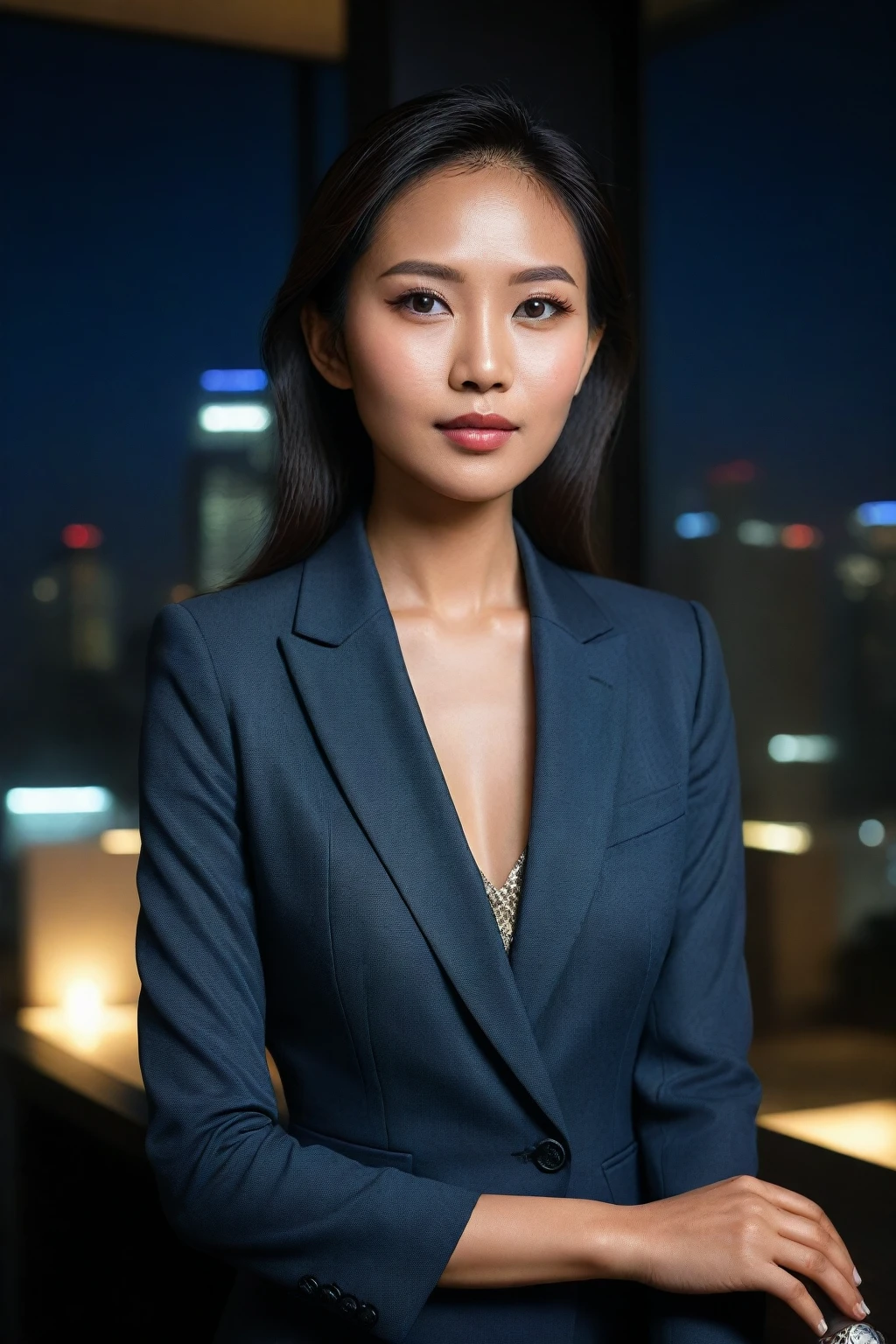 (perfect eyes), (detailed skin), (half-body portrait), Ultra-realistic young Indonesian woman, early 30s, stunning Asian features, high-rise office at night, floor-to-ceiling windows, twinkling city lights, modern interior, bespoke business suit, understated luxury, exquisite watch, soft indoor lighting highlighting her elegance, detailxl