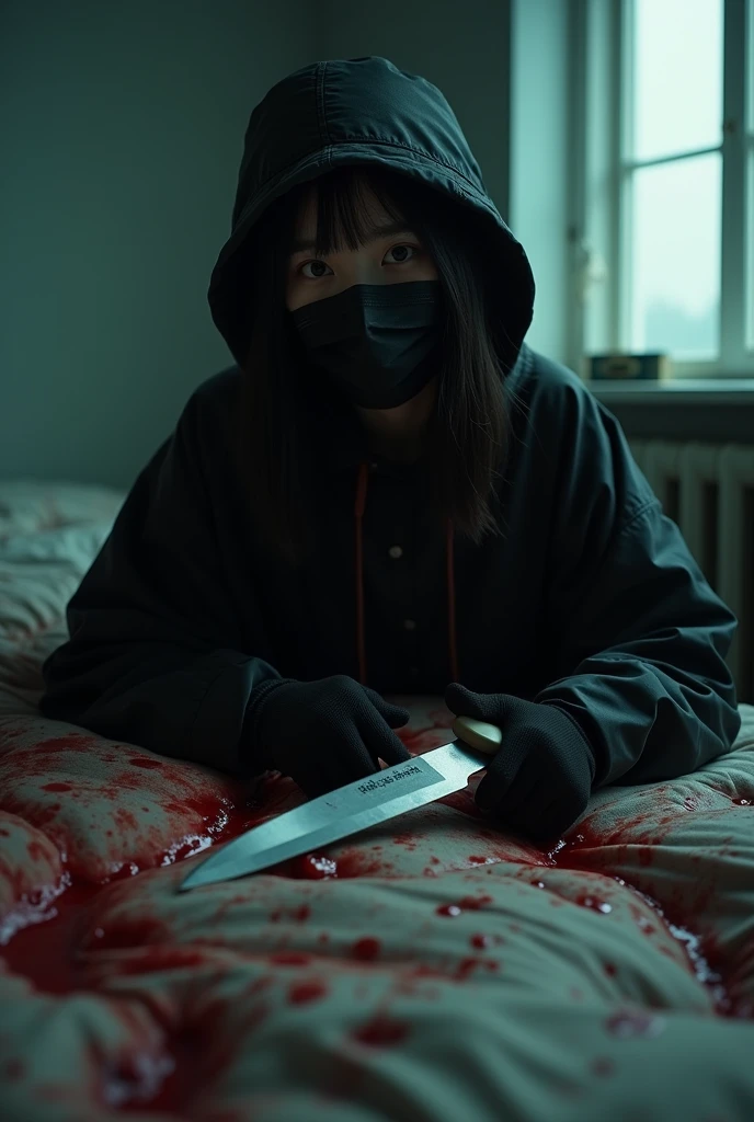 korean girl, (behind multiple corpse, holding knife), black surgical mask, black gloves, room full of blood, black raincoat, bucket hat, 20 years old, glaring at viewer, holding knife, black gloves, woman on top, behind multiple corpse, blood splatter, on the bed, mass murderer, killer, blood splatter, dark atmosphere, cinematic lighting, atmospheric realistic, light from the window,