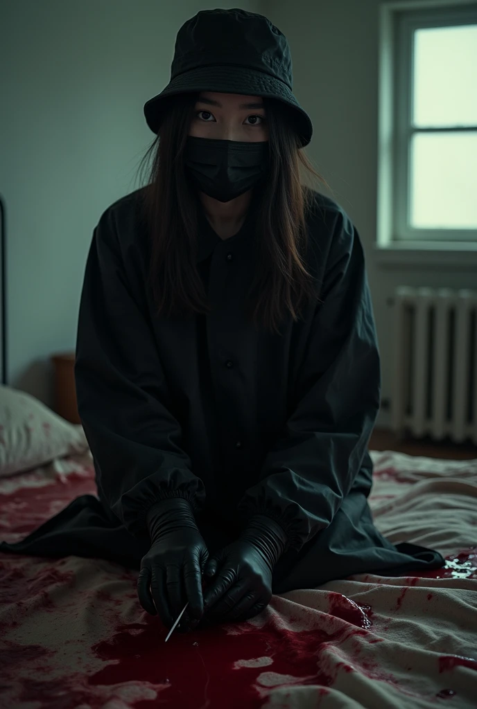 korean girl, (behind multiple corpse, holding knife), black surgical mask, black gloves, room full of blood, black raincoat, bucket hat, 20 years old, glaring at viewer, holding knife, black gloves, woman on top, behind multiple corpse, blood splatter, on the bed, mass murderer, killer, blood splatter, dark atmosphere, cinematic lighting, atmospheric realistic, light from the window,