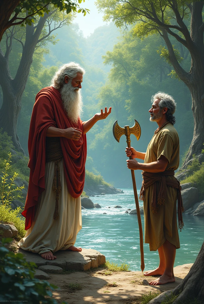 Aesop's Fable: A kind and honest woodcutter accidentally drops his axe into the river. The god Hermes picks it up and presents the woodcutter with two axes, one gold and one silver, asking which one is his. The honest woodcutter claims neither is his. Ultra-detailed illustration