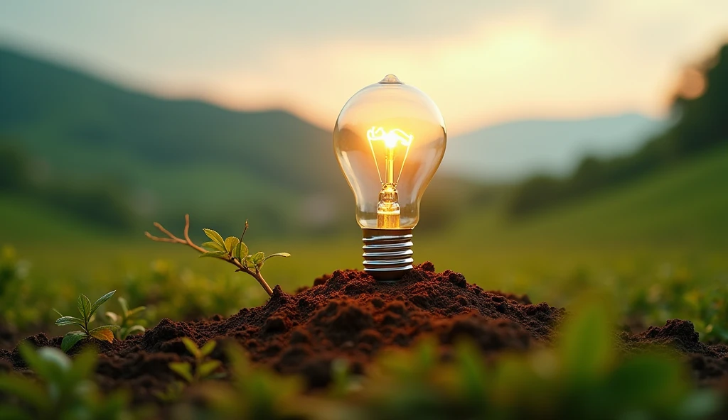 Draw a scene of generating electricity from soil using one lightbulb, showcasing the innovative aspect.。The scene should be in a field. 