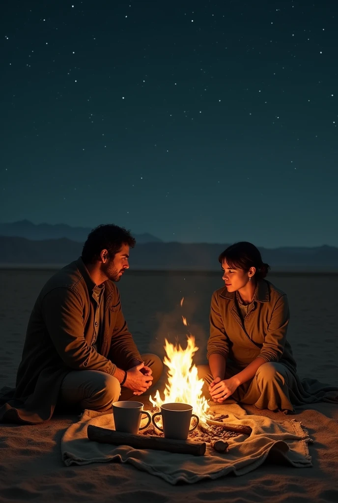 Night at the post-apocalypse desert.Two lone survivors are sitting in front of a campfire,drinks from a steel cup of hot coffee.one of them is wearing a brown long coat,and sitting on a cloth,while others are sitting on the log.They stares at fires while discussing something.