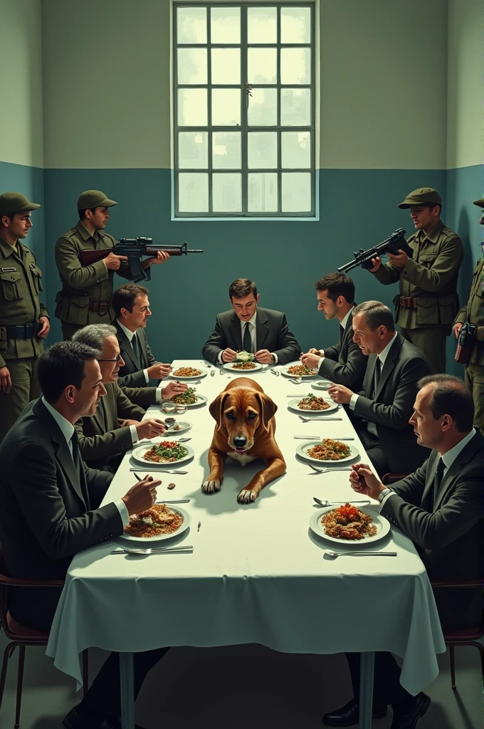 A cell with a table inside with people around it eating. At the head seat a dog is sitting and licking itself. Outside the cell, soldiers standing on one side aiming their guns at those eating. On the other side, journalists standing aiming their cameras at the soldiers