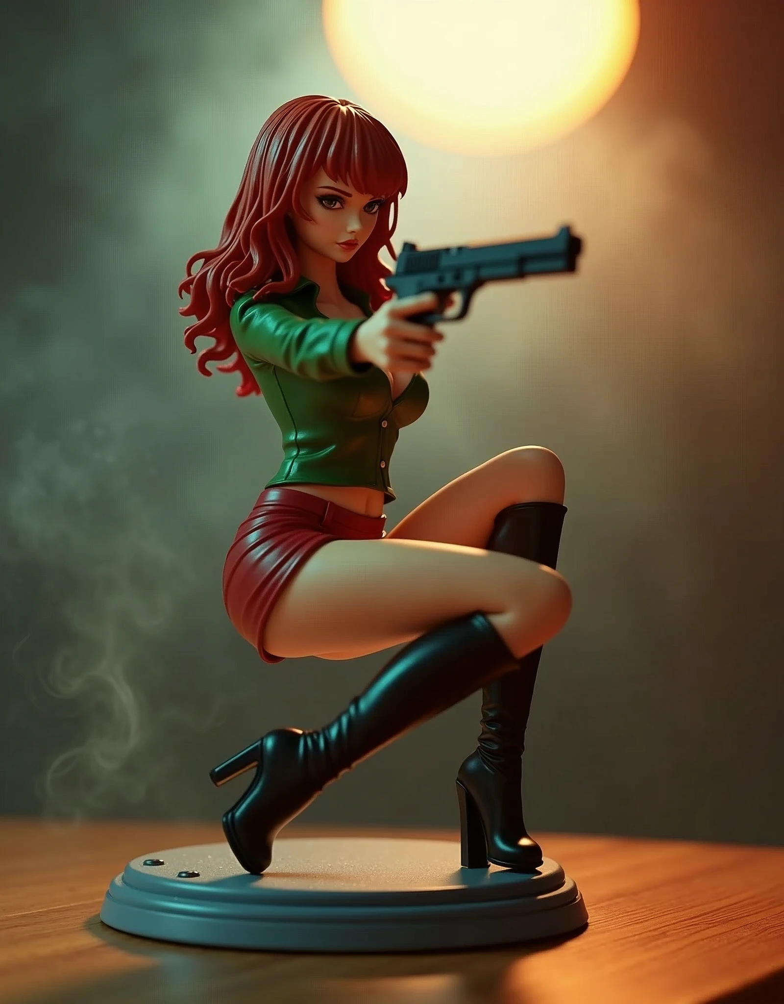 ((( masterpiece ))), (((Highest quality))), ((Very detailed)), (photograph), (photo:1.2) of an action figure of famous redhead anime "Fujiko Mine". She's in a sexy, alluring and attractive pose. She holds a gun, wears a tight green shirt with cleavage and a tight red mini skirt, black boots. She's aiming to a target out of the frame. The action figure is resting on a gray plastic pedestal on a wooden table. Cinematic lights. Masterpiece, best quality, 8K, photo realistic, wallpaper, wallpaper 8k, photographic contest winner, Hyperrealistic art cinematic film still photography in the style of detailed hyperrealism photoshoot. [Entire scene is surrounded by lights, evoking a magical and eerie atmosphere. The lighting is bright and atmospheric, with smoke adding a touch of sinister ambiance. Best quality image, HDR enhancement, showcasing the utmost level of detail and realism]. [8K, Best Quality, Ultra High Resolution, (highly detailed CG unity 8k wallpaper), (best photo), (best shadows), isometric 3D, octane rendering, ray tracing, highly detailed, (Best quality, 4K, 8k:1.2), absurdity, ultra detailed, (realistic, photorealistic, photorealistic:1.37), complex parts, HDR, (complex parts:1.12), (hyper detailed, hyper realistic, Soft lighting, spicy:1.2), (complex parts, Hyper detailed:1.15). Blurred foreground. (backlit), masterpiece, high quality, brightness, chromatic aberration, foggy smoke, shadows, contrast, clear sky, (warm hue, warm tone), high details, natural reflections].
