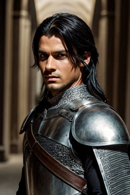 Create a man with black hair, wearing medieval armor with chainmail underneath and a silver sword sheathed on his back, His face is white, short wavy black hair, side part hairstyle, green eyes