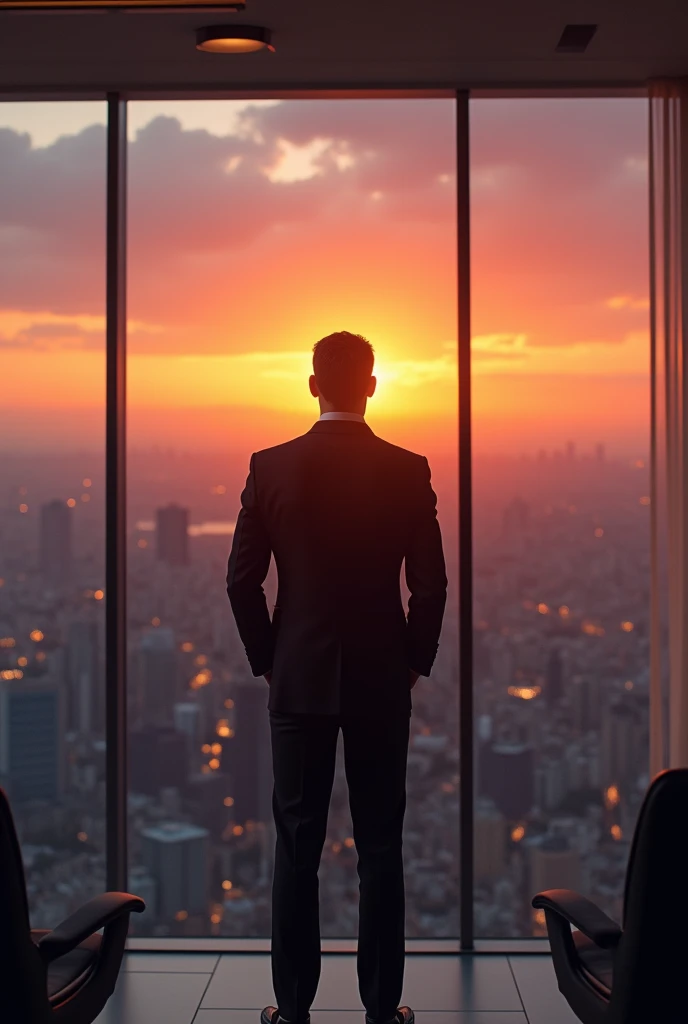 A man, 35 years old, in a suit and tie, in a very tall office building, looking at the horizon, sunset, through the happy window, realism, 4k, cinematic
