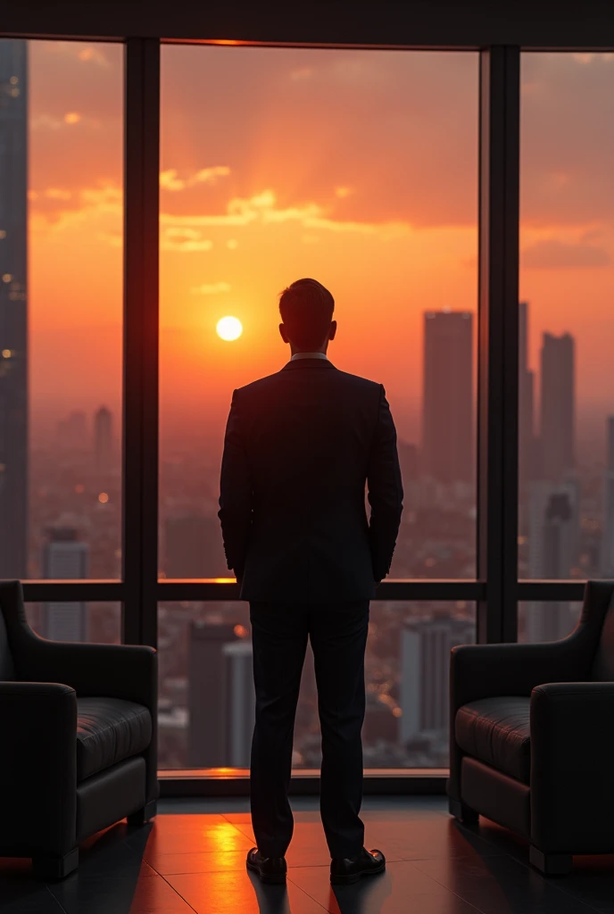 A man, 35 years old, in a suit and tie, in a very tall office building, looking at the horizon, sunset, through the happy window, realism, 4k, cinematic