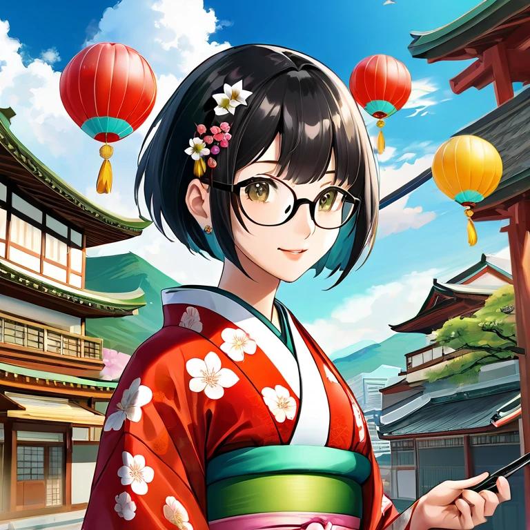 (Best image quality:1.5), (Ultra-high resolution:1.2), (4K:1.4), (Fisheye Lens:1.2), 19 year old woman in kimono, Short bob black hair, Hair braided on the right side, Half of her bangs are gray., Greenstone Choker, Simple rimmed glasses, Hanikami smile, (Taiwanese:1.2), Colorful cityscape, Paper balloons with Japanese pattern falling from the sky