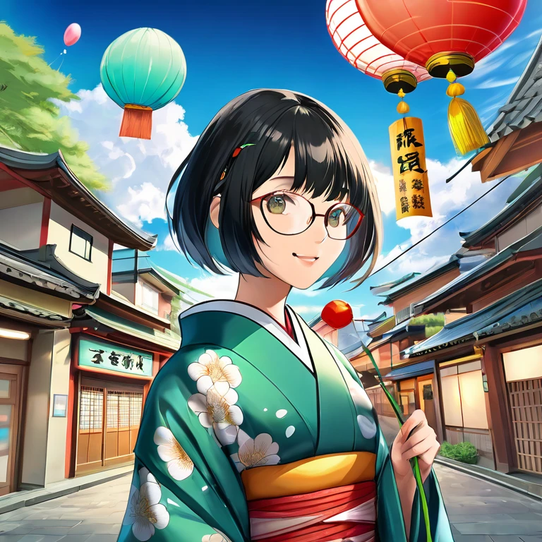 (Best image quality:1.5), (Ultra-high resolution:1.2), (4K:1.4), (Fisheye Lens:1.2), 19 year old woman in kimono, Short bob black hair, Hair braided on the right side, Half of her bangs are gray., Greenstone Choker, Simple rimmed glasses, Hanikami smile, (Taiwanese:1.2), Colorful cityscape, Paper balloons with Japanese pattern falling from the sky