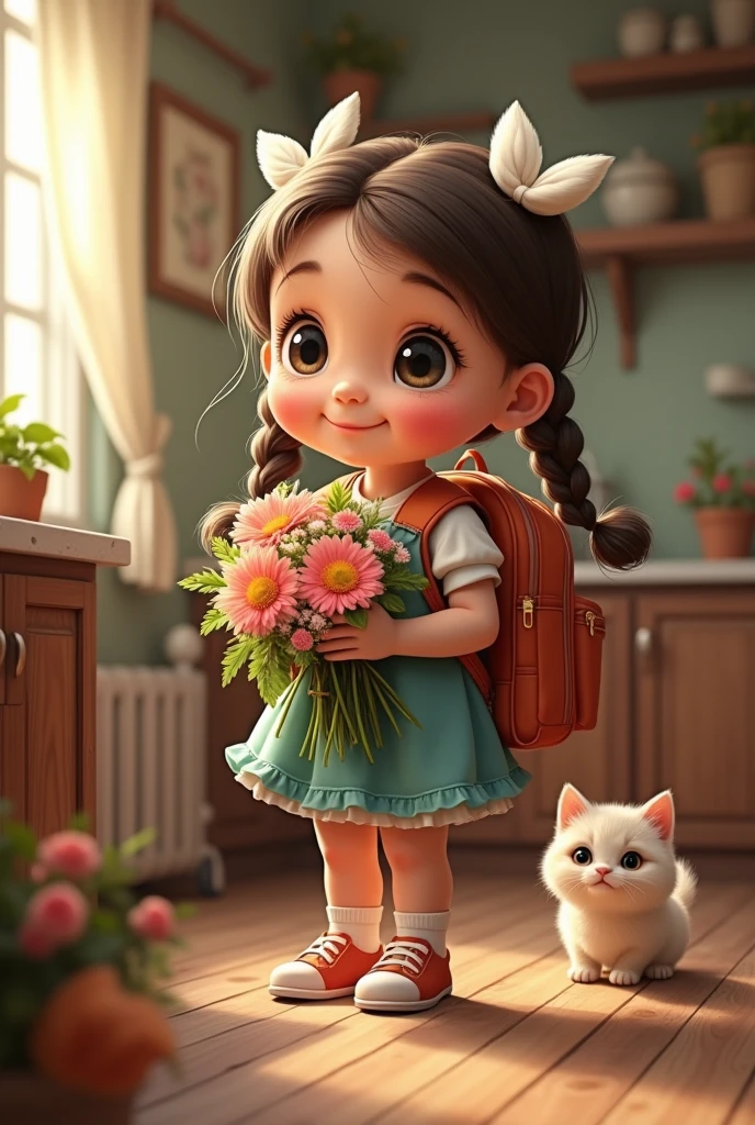 Charming white Russian girl, First-grader, inquisitive happy eyes , She is escorted by a fluffy cat, He looks at the girl with interest, The girl has a beautiful bouquet of flowers in her hands, braids with huge white bows, a large school backpack on his shoulders, small country kitchen, hospitality, photorealistic elegance, sunny style of Mikhail Garmash, объектив Canon R5, 200 mm, clear focus, the photo was taken in RAW format, The photograph shows a dynamic, photorealistic and high-performance graphics. detailed face in 8k HDR quality