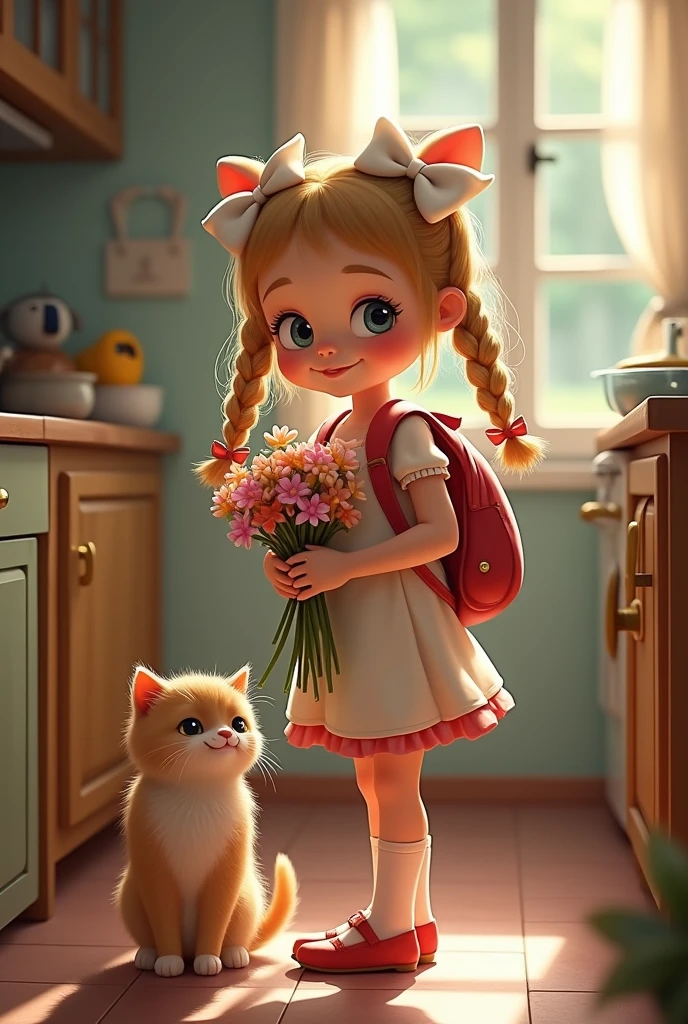 Charming white Russian girl, First-grader, inquisitive happy eyes , She is escorted by a fluffy cat, He looks at the girl with interest, The girl has a beautiful bouquet of flowers in her hands, braids with huge white bows, a large school backpack on his shoulders, small country kitchen, hospitality, photorealistic elegance, sunny style of Mikhail Garmash, объектив Canon R5, 200 mm, clear focus, the photo was taken in RAW format, The photograph shows a dynamic, photorealistic and high-performance graphics. detailed face in 8k HDR quality
