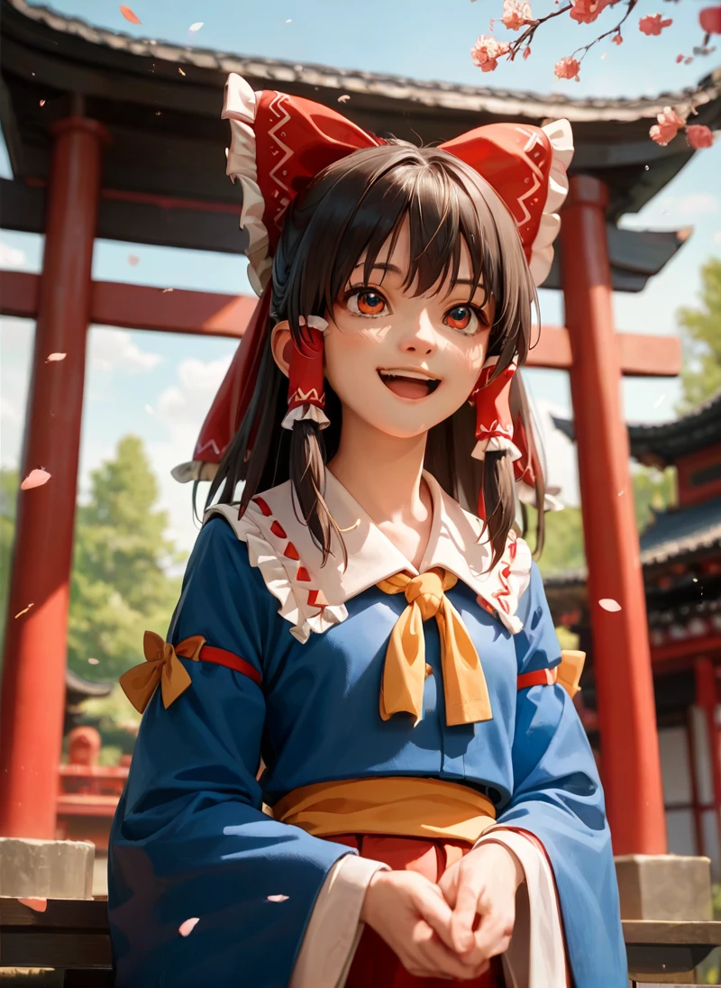 score_9, score_8_up, score_7_up , source_anime, masterpiece, best quality, perfect anatomy, very aesthetic, reimu in blue outfit, standing in front of her shrine, happy neutral face, whole body. , look up the sky