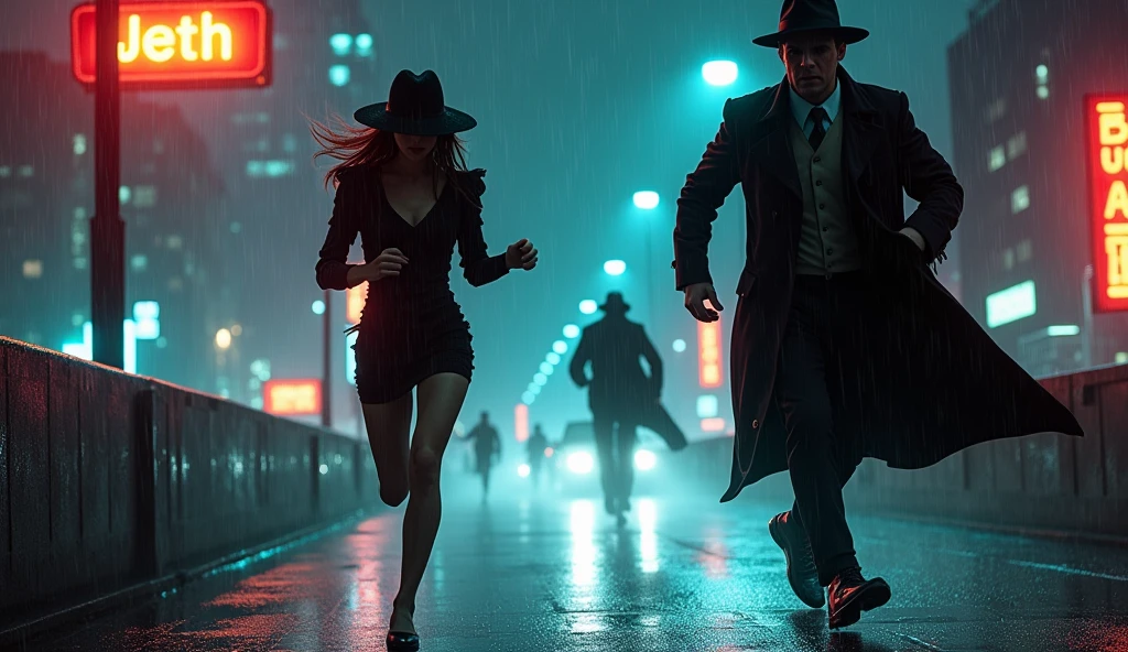 Film Noir Art Style: The femme fatale Evelyn is mid-sprint across the rooftop, her dress clinging to her form, wide-brimmed hat casting mysterious shadows over her face. Detective John is in full pursuit, trench coat billowing as he chases her, fedora tilted, obscuring his sharp blue eyes. The rain intensifies, droplets bouncing off surfaces, while the city's neon glow paints the scene with vibrant yet moody hues. The distance between them narrows, tension palpable in the air.
