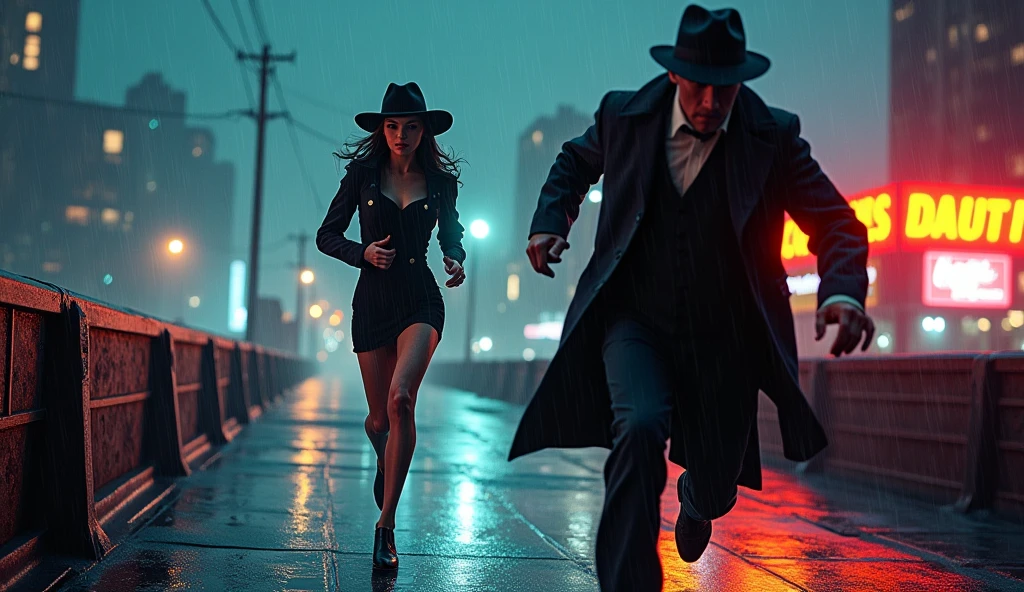 Film Noir Art Style: The femme fatale Evelyn is mid-sprint across the rooftop, her dress clinging to her form, wide-brimmed hat casting mysterious shadows over her face. Detective John is in full pursuit, trench coat billowing as he chases her, fedora tilted, obscuring his sharp blue eyes. The rain intensifies, droplets bouncing off surfaces, while the city's neon glow paints the scene with vibrant yet moody hues. The distance between them narrows, tension palpable in the air.
