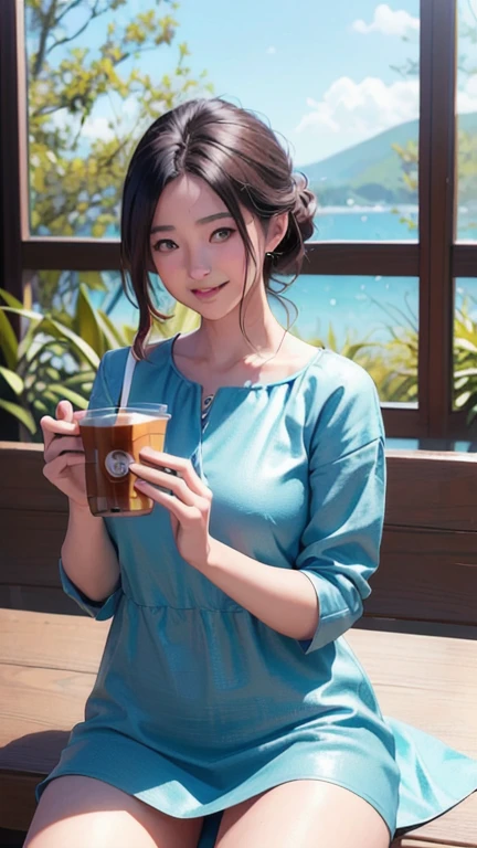 (In 8K、RAW shooting、Highest quality、Masseter region:1.2)、Very detailedな、Ultra-high resolution、(Realistic、Realistic photos:1.37)、Portraiture、High-resolution RAW color photos、Professional photography、hVery detailed and beautiful、Very detailed、8k wallpaper、Very detailedな、Large file size、Official Art、HVery detailed CG Unity 8K wallpapers、hVery detailed beautiful girl、Very detailed顔、Very detailed目、Very detailed皮膚、Very detailed指、hVery detailed nose、Very detailed詳細な口、Perfect Anatomy、Detailed Background、Detailed clothing、1 person、(20:1.2)、20th Generation、cute、Realistic body、((masterpiece, Highest quality, Highest quality, Official Art, beautifully、beautiful:1.2)),((masterpiece)),((Vibrant colors)),((Ayako Katagiri)),((Mischievous smile)),((smile)),((looks fun)),(((A moment of summer))),(((iced coffee))),(((Looking out the window)))
