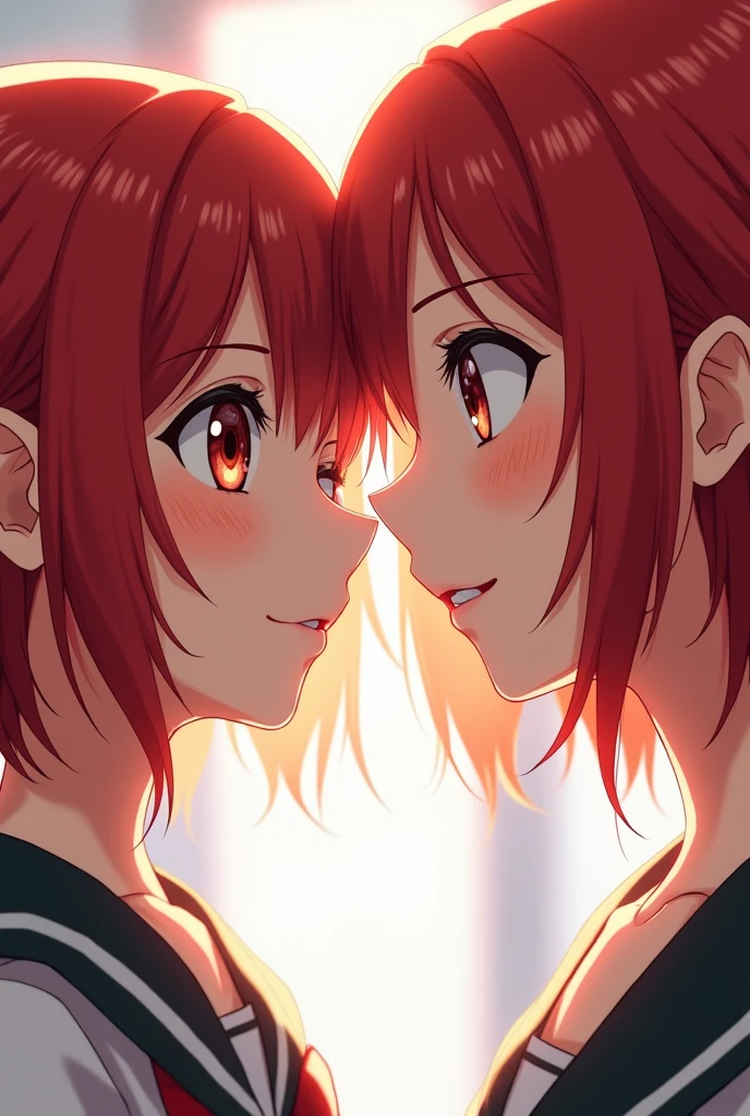 (2 beautiful japanese girls in bright lighting, facelight, photorealistic, adult, cute, sexy, slim, very beautiful detailed eyes, half-lidded eyes, extremely detailed face, (very short fluffy hair:1.0), (red hair color:1.2), clear eyes, (ecstasy, orgasm, erotic:1.2), close-up of face, smiling, (school uniform:1.5))