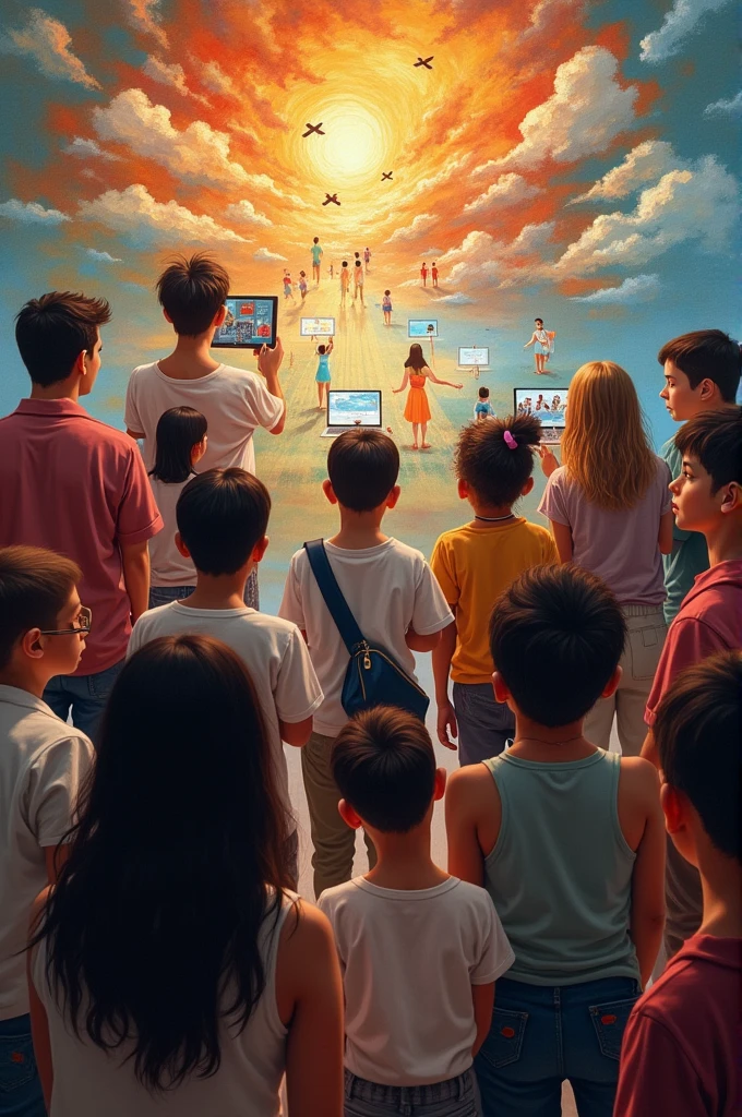 Various people around the world viewing and admiring Mousumi’s paintings online, showcasing diverse reactions of appreciation.