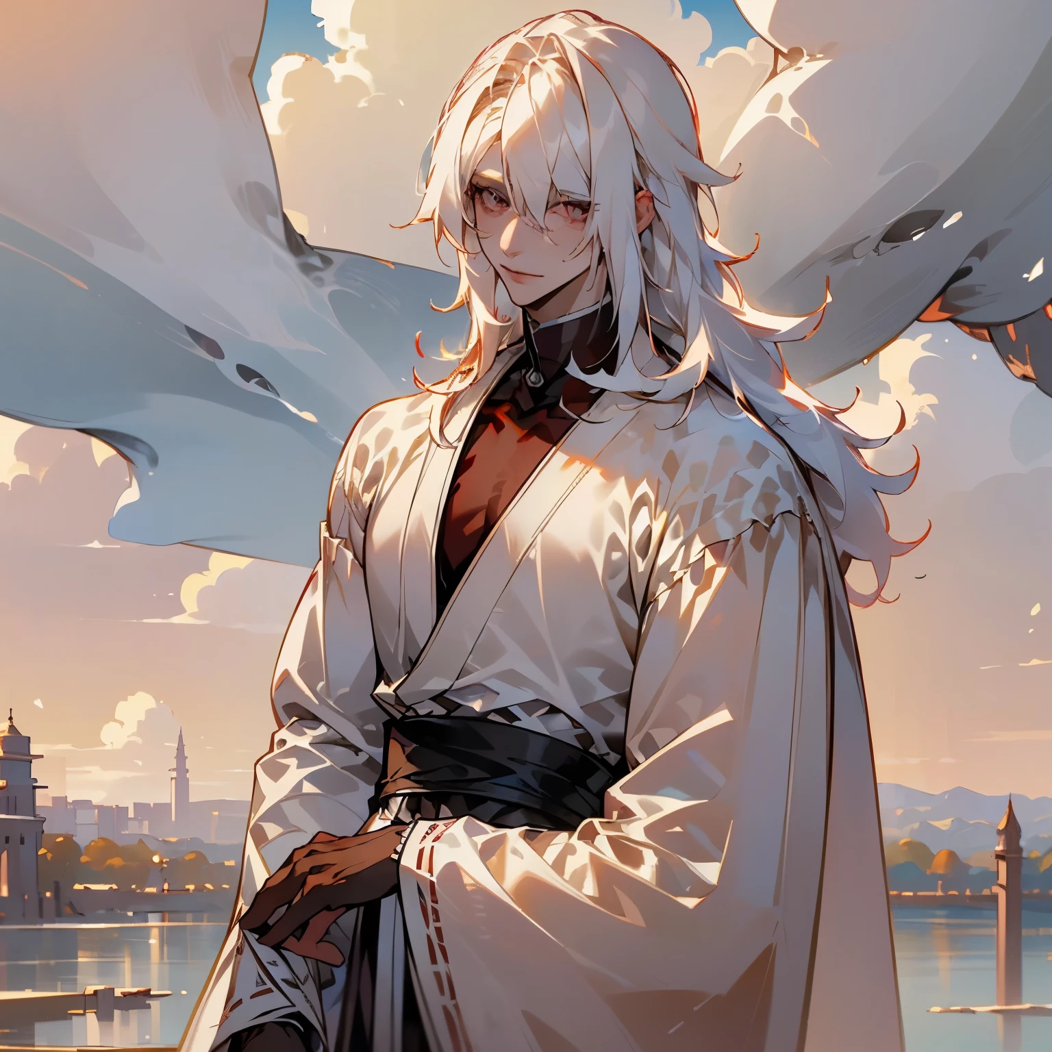 Anime - stylistic image of a man with short white hair, Man with short white hair standing at the lake and looking at the camera, ((Masterpiece artwork)), ((best qualityer, high resolution, ultradetailed), light colors, ((((1 men)))), male character, grown-up, tall and muscular guy, broadshouldered, Strong character, fancy, dnd, persona, Eyes red, albino, The albino man, pure white long hair, long white hair (Hair Above One Eye), (big hair), white hair, slickedback hair, slickedback hair, Creating an atmospheric atmosphere, pale skin, MACABRO, Dark design, It has red smoke and aura, unearthly, nasty, nightmarish, light around the head, Additional Lighting, Against the background of the sky, ((fluffy clouds)), bright sunny day, light mist, In a white kimono, looks at viewer, cunning smile, pretentious smile, muscular back, Male back, white-haired god, White silk garment, golden pattern
