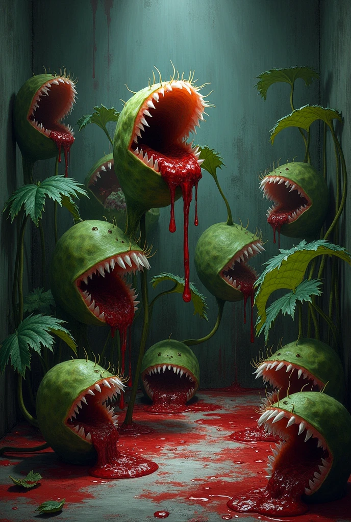 ((1920s horror drawing )) a room full of venus fly trap plants with blood coming out of their mouths at night