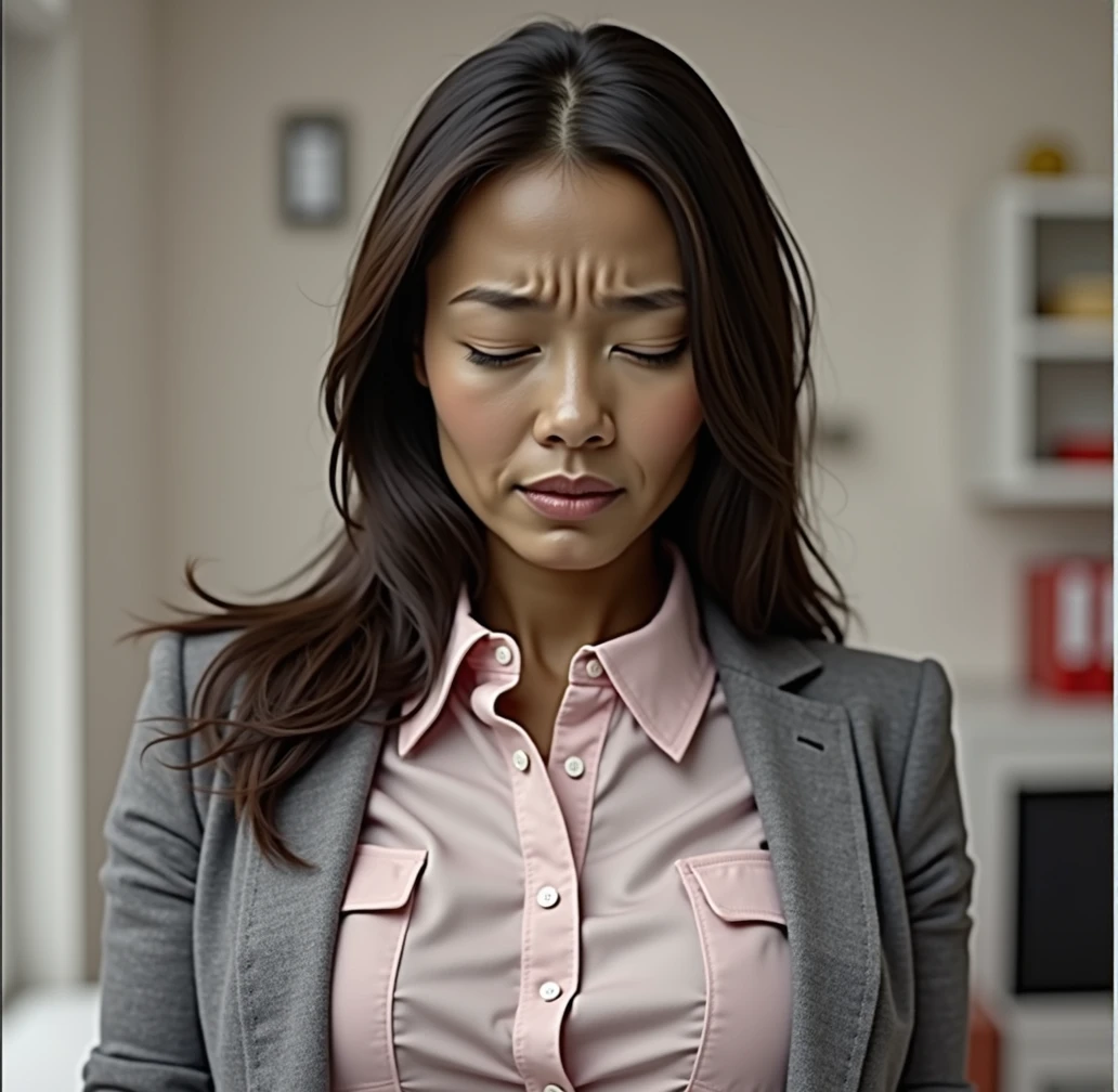olive skinned asian woman, long beautiful black hair, face strained in pain, perfect teeth, eyes shut hard, olive skin tone, thin grey office blazer, pink collared button blouse, 