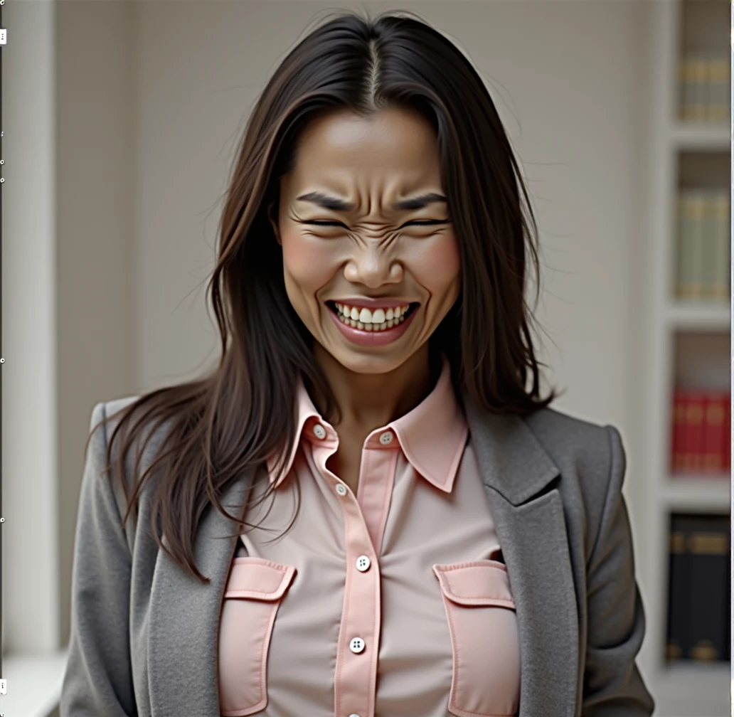 olive skinned asian woman, long beautiful black hair, face strained in pain, perfect teeth, eyes shut hard, olive skin tone, thin grey office blazer, pink collared button blouse, 