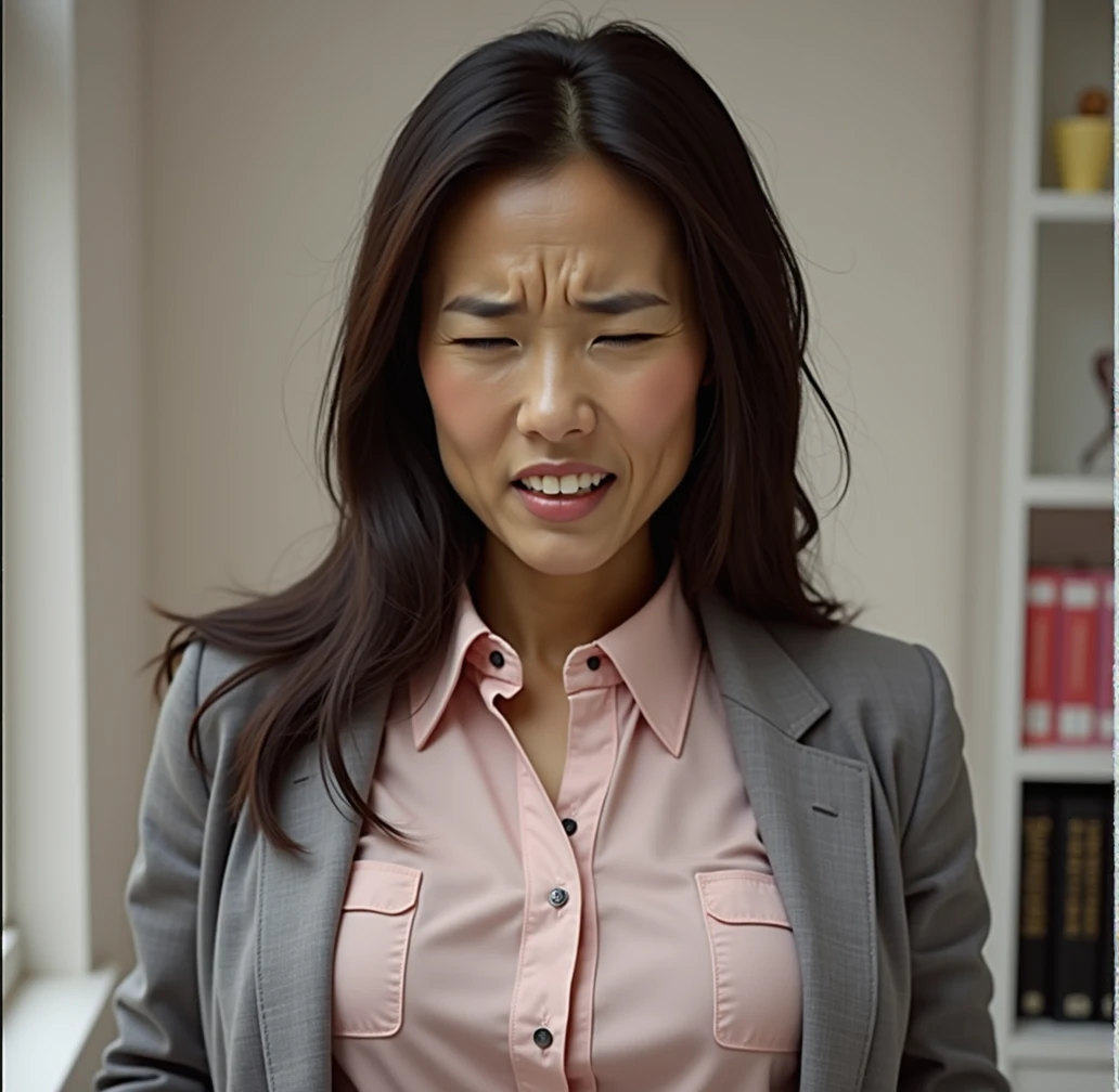 olive skinned asian woman, long beautiful black hair, face strained in pain, perfect teeth, eyes shut hard, olive skin tone, thin grey office blazer, pink collared button blouse, 